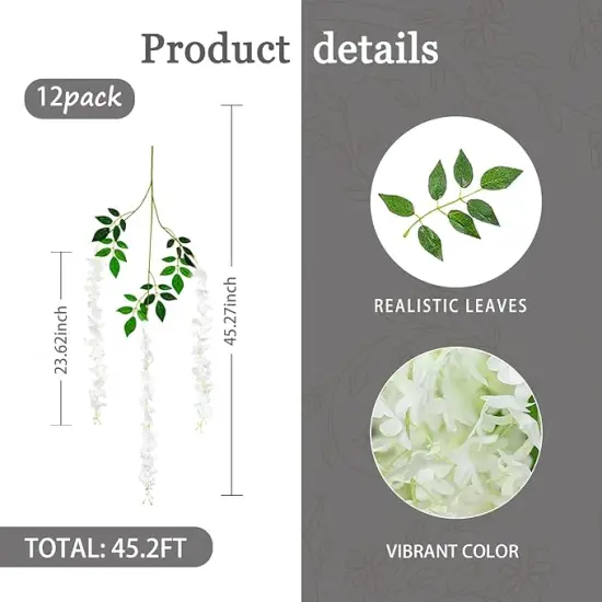 12pcs Artificial Wisteria Vine Hanging Rattan Garland Silk Flower for Wedding Party Home Garden Outdoor Ceremony Floral D&eacute;cor, White {5}