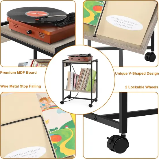Record Player Holder Stand End Table with Vinyl Storage Grey {4}
