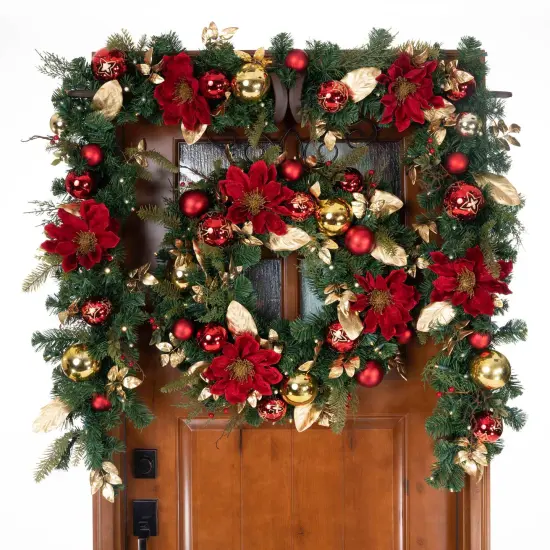 30 in. Lighted Christmas Wreath - Golden Leaf Red Magnolia {3}
