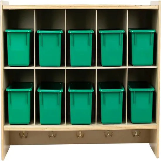 Cubby Storage Organizer Cubes, 10 Cubbies with Coat Hooks, Hanging Wall Cubby Shelf for Kids Toys, Daycare, Classroom, 47-Inch Width Green {1}