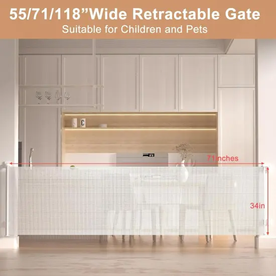 Retractable Baby Gate, Extra Wide Baby Gate for Large Opening Stairs, Doorway, Hallways, Adjustable Extra Long Retractable Gate Pet Gates for Dogs Mesh Child Gate, Indoor, Outdoor (118-White) {4}