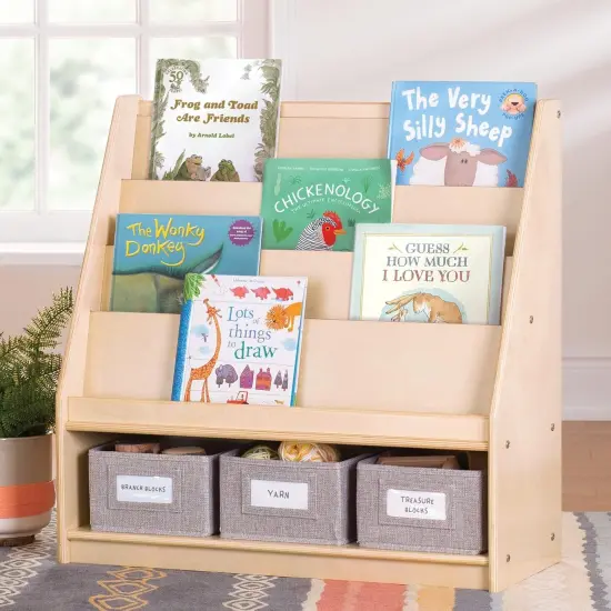 Edq Book and Bin Display Natural with 3 Fabric Storage Bins: Wooden Multi-Purpose Bookcases and Toy Storage Organizer; Homeschool and Classroom Furniture {1}