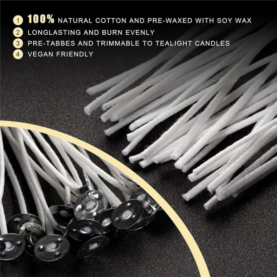 Candle Wicks 90 Pcs (4 Inch, 6 Inch, 8 Inch) with 2 Candle Wick Holders & 90 Wick Tab Stickers, Long Lasting Pre-Waxed & Tabbed Cotton Threads with No Black Smoke for Candle Making {4}