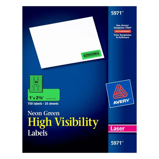 High-Visibility Labels, Permanent Adhesive, Neon Green, 1" x 2-5/8", 750 Labels {1}