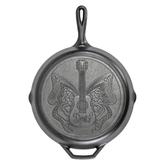Lodge Cast Iron Skillet, Dolly Parton Music Butterfly and Guitar Design Seasoned Cookware for Home or Camp Kitchen, 12 in dia {1}