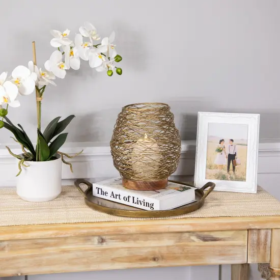 Northlight Medium Woven Iron Votive Candle Holder with Wooden Base - 8.5" - Brass Finish Gold {3}