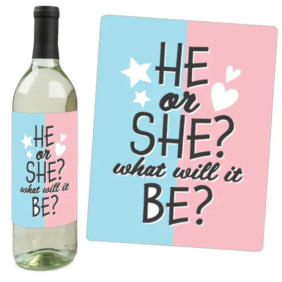 Big Dot of Happiness Baby Gender Reveal - Team Boy or Girl Party Decorations for Women and Men - Wine Bottle Label Stickers - Set of 4 {6}