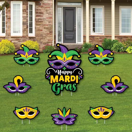 Big Dot of Happiness Colorful Mardi Gras Mask - Yard Sign and Outdoor Lawn Decorations - Masquerade Party Yard Signs - Set of 8 {1}