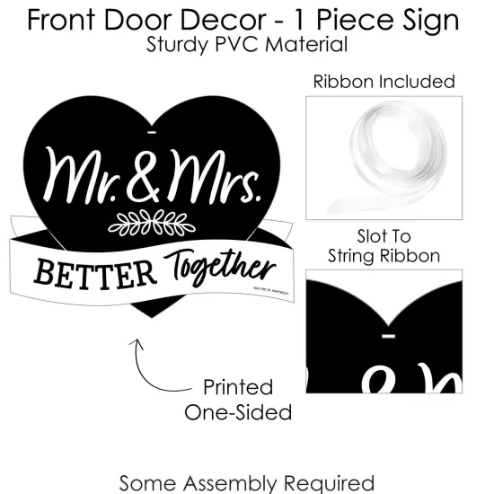 Big Dot of Happiness Mr. and Mrs. - Hanging Porch Black and White Wedding or Bridal Shower Outdoor Decorations - Front Door Decor - 1 Piece Sign {6}