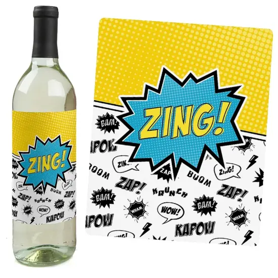 Big Dot of Happiness Bam Superhero - Baby Shower or Birthday Party Decorations for Women and Men - Wine Bottle Label Stickers - Set of 4 {6}