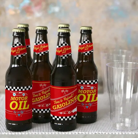 Big Dot of Happiness Let's Go Racing - Racecar - Race Car Birthday Party or Baby Shower Decorations - 6 Soda/Beer Bottle Label Stickers & 1 Carrier {7}