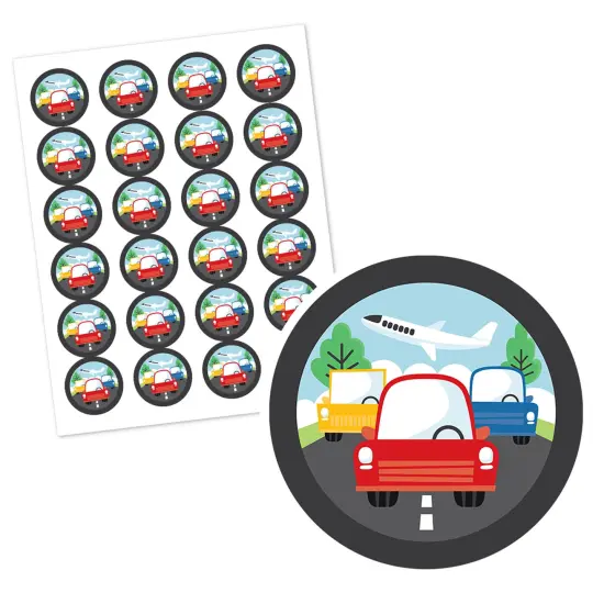 Big Dot of Happiness Cars, Trains, and Airplanes - Transportation Birthday Party Circle Sticker Labels - 24 Count {3}