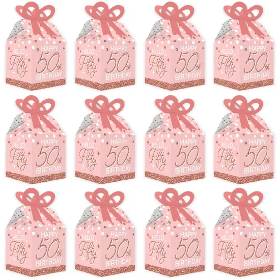 Big Dot of Happiness 50th Pink Rose Gold Birthday - Square Favor Gift Boxes - Happy Birthday Party Bow Boxes - Set of 12 {6}
