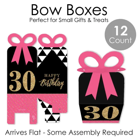 Big Dot of Happiness Chic 30th Birthday - Pink, Black and Gold - Square Favor Gift Boxes - Birthday Party Bow Boxes - Set of 12 {7}