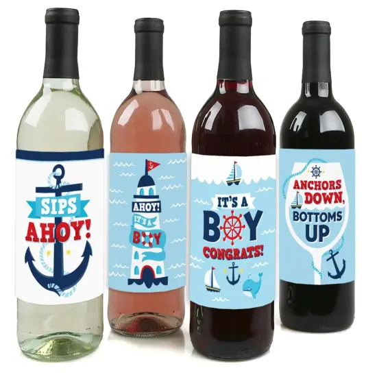 Big Dot of Happiness Ahoy It's a Boy - Nautical Baby Shower Decorations for Women and Men - Wine Bottle Label Stickers - Set of 4 {1}