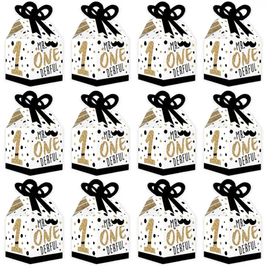 Big Dot of Happiness 1st Birthday Little Mr. Onederful - Square Favor Gift Boxes - Boy First Birthday Party Bow Boxes - Set of 12 {6}
