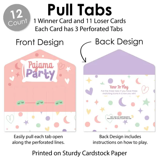 Big Dot of Happiness Pajama Slumber Party - Girls Sleepover Birthday Party Game Pickle Cards - Pull Tabs 3-in-a-Row - Set of 12 {6}