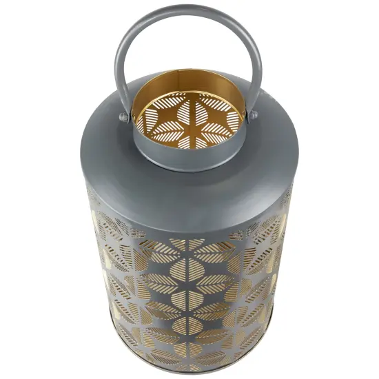 Northlight Laser-Cut Large Iron Candle Lantern with Handle - 15.25" - Gray and Gold {5}