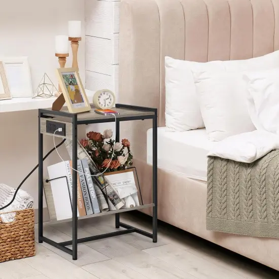 Record Player Holder Stand End Table with Vinyl Storage Grey {6}