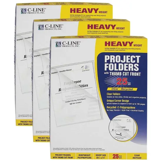 Recycled Poly Project Folders, Clear, Reduced Glare, 11" x 8-1/2", 25 Per Box, 3 Boxes {1}