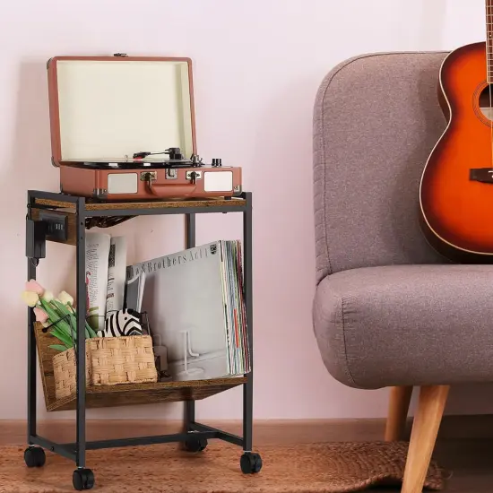 Record Player Holder Stand End Table with Vinyl Storage Grey {7}