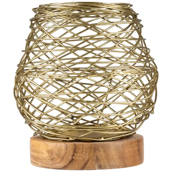 Northlight Small Woven Iron Votive Candle Holder with Wooden Base - 6.25" - Brass Finish Gold {1}