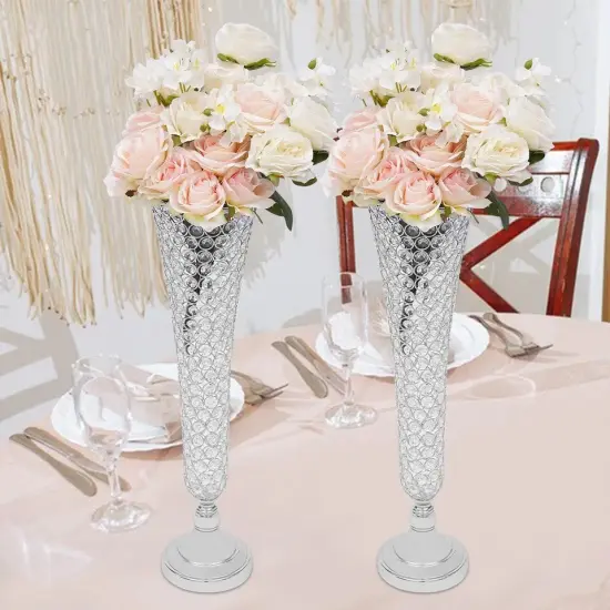 2 Pc Modern Crystal Trumpet Flower Silver Stand Crystal Vase For Wedding Decor {2}