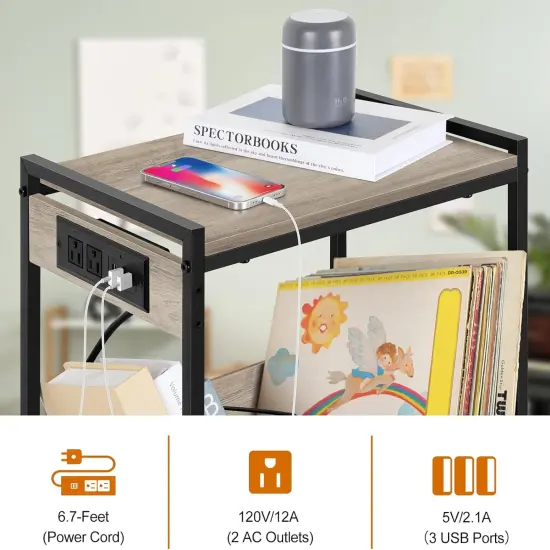 Record Player Holder Stand End Table with Vinyl Storage Grey {3}
