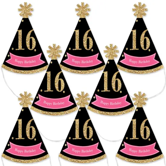 Big Dot of Happiness Chic 16th Birthday - Pink, Black and Gold - Mini Cone Birthday Party Hats - Small Little Party Hats - Set of 8 {1}
