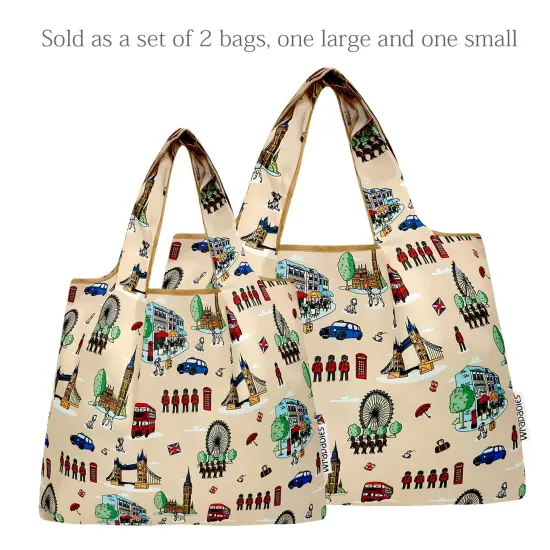 Wrapables Large & Small Foldable Tote Nylon Reusable Grocery Bags, Set of 2, Britain {3}