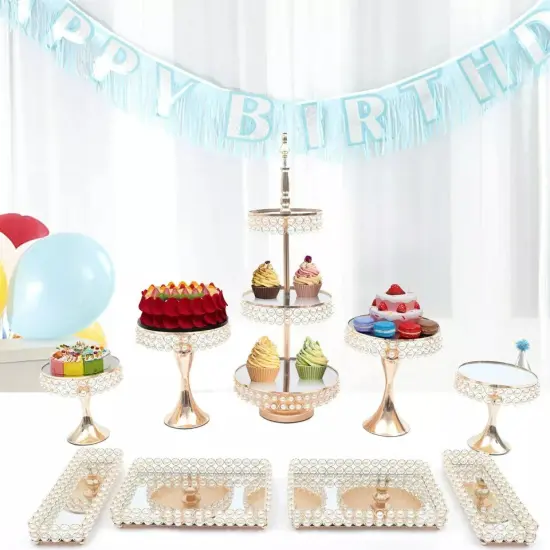 9pack Golden Cake Stand Tray 3-layer Tower Stand With Base Wedding Party Mirror {3}