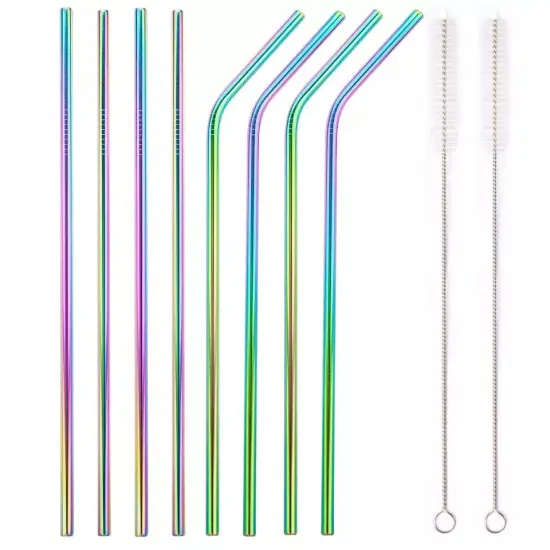 8-Piece 10.5" Stainless Steel Cocktail Straw Set with 2 Cleaning Brushes Silver {2}