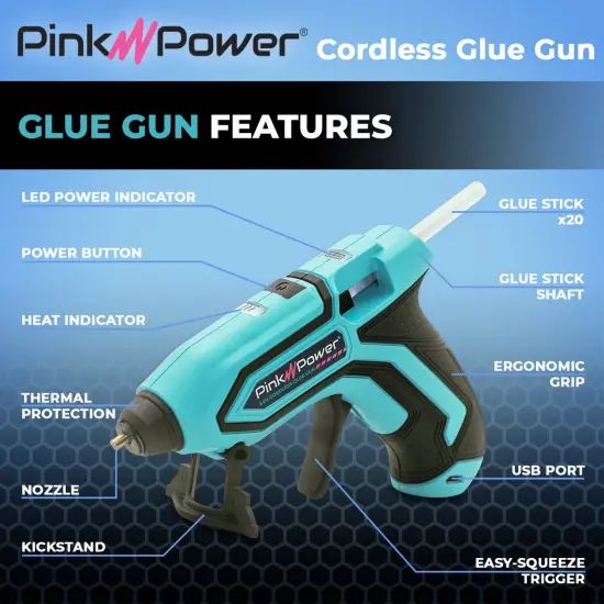 Pink Power Cordless Mini Hot Glue Gun with Stand - USB Rechargeable Wireless Hot Melt Glue Gun Kit with 20 Glue Sticks - Battery Operated Cordless Glue Gun for Crafts - Portable Blue Hot Glue Gun {2}