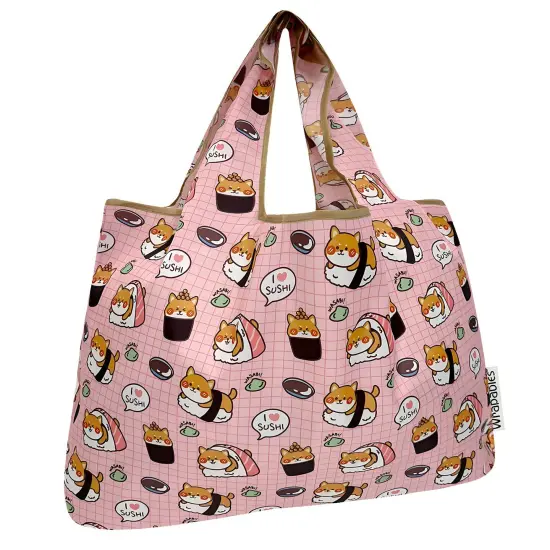 Wrapables Large Foldable Tote Nylon Reusable Grocery Bags, Doggy Sushi {1}