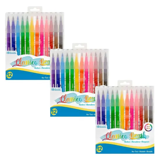 Washable Brush Markers, 12 Colors, 12 Per Pack, 3 Packs {1}
