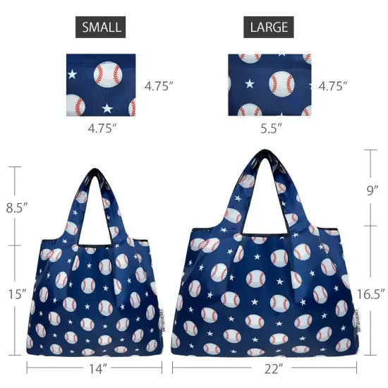 Wrapables Large & Small Foldable Tote Nylon Reusable Grocery Bags, Set of 2, Baseball {2}