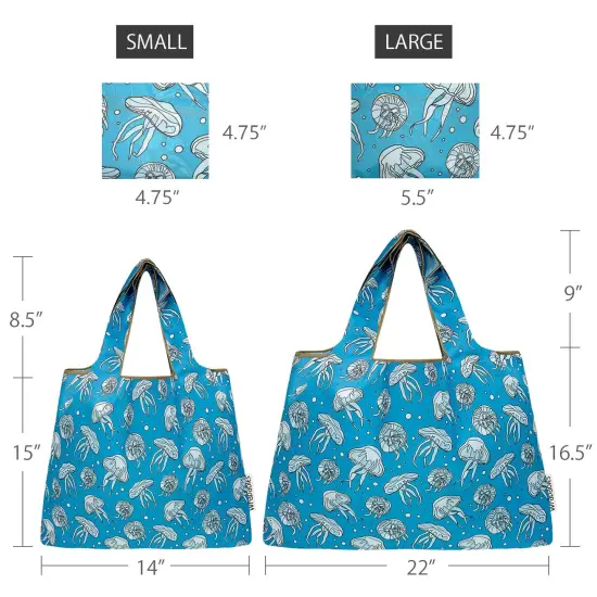 Wrapables Large & Small Foldable Tote Nylon Reusable Grocery Bags, Set of 2, Jellyfish {2}