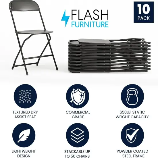 Hercules Series Plastic Folding Chair - Black - 10 Pack 650LB Weight Capacity Comfortable Event Chair-Lightweight Folding Chair {3}
