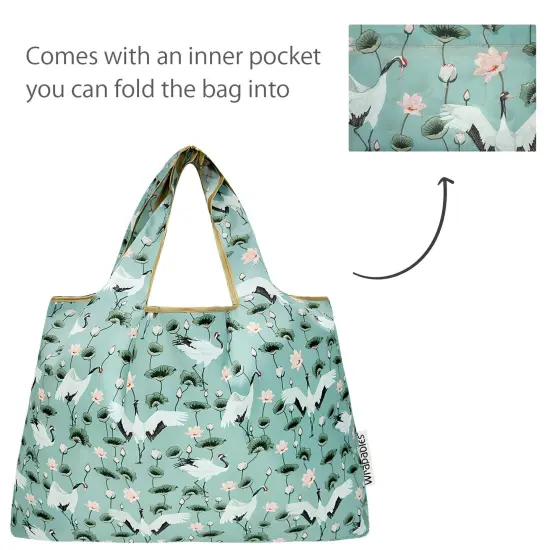 Wrapables Large & Small Foldable Tote Nylon Reusable Grocery Bags, Set of 2, Lotus Cranes {5}