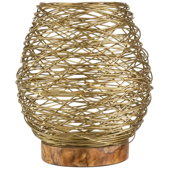 Northlight Medium Woven Iron Votive Candle Holder with Wooden Base - 8.5" - Brass Finish Gold {1}
