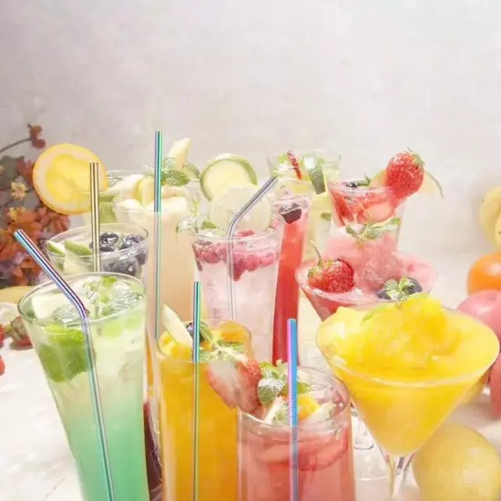 8-Piece 10.5" Stainless Steel Cocktail Straw Set with 2 Cleaning Brushes Mermaid rainbow {4}