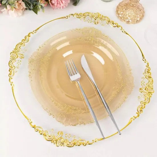 10 TRANSPARENT GOLD 10" Round Plastic Salad Dinner PLATES {5}