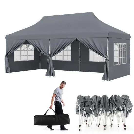 10 X 20 Ft Pop Up Canopy With 6 Sidewalls And Windows And Carrying Bag For Party Wedding Picnic Grey {4}