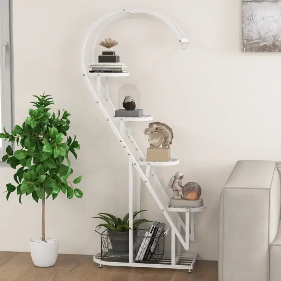 5 Tier Metal Plant Stand With Hanging Hook For Multiple Plants White {2}