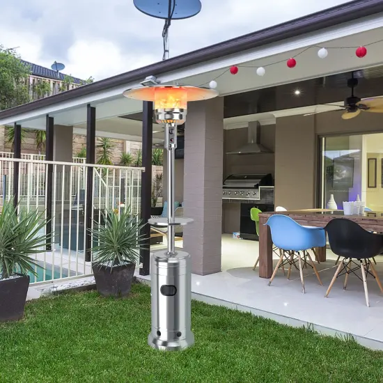 Outdoor Heater Propane Standing LP Gas Steel with Table & Wheels Silver {6}