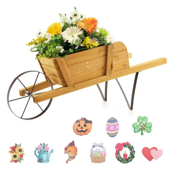 Wooden Wagon Planter With 9 Magnetic Accessories For Garden Yard Walnut {6}