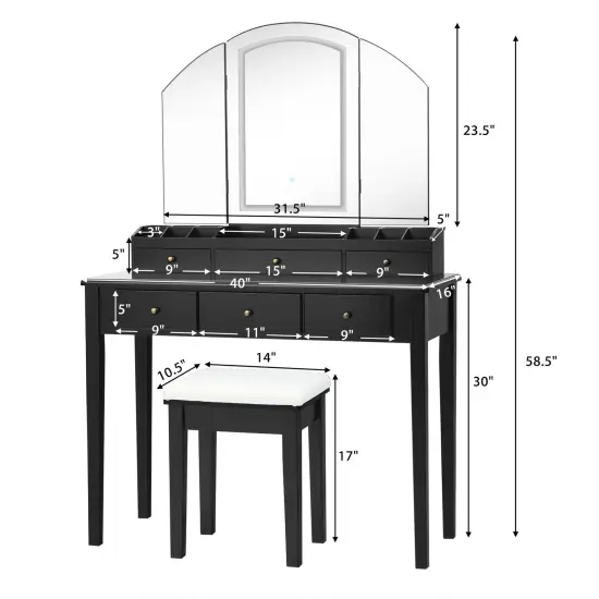 Vanity Table Stool Set with Large Tri-folding Lighted Mirror Black {6}