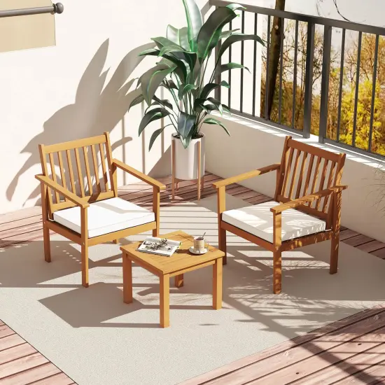 3 Pieces Patio Wood Furniture Set With Soft Cushions For Porch White {6}