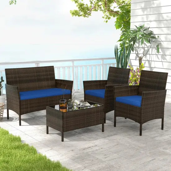 4 Piece Patio Rattan Conversation Set With Cozy Seat Cushions Navy {2}