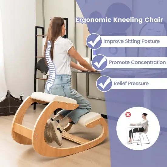 Wooden Rocking Chair With Comfortable Padded Seat Cushion And Knee Support Beige {5}